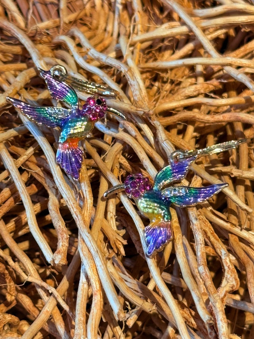 Hummingbird Multicolor Drop Earrings - Vibrant Enamel & Crystal Accent - Picture 6 of 7